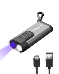 Portek Rechargeable Keychain LED Flashlight Plus UV Blacklight (Metallic Grey)