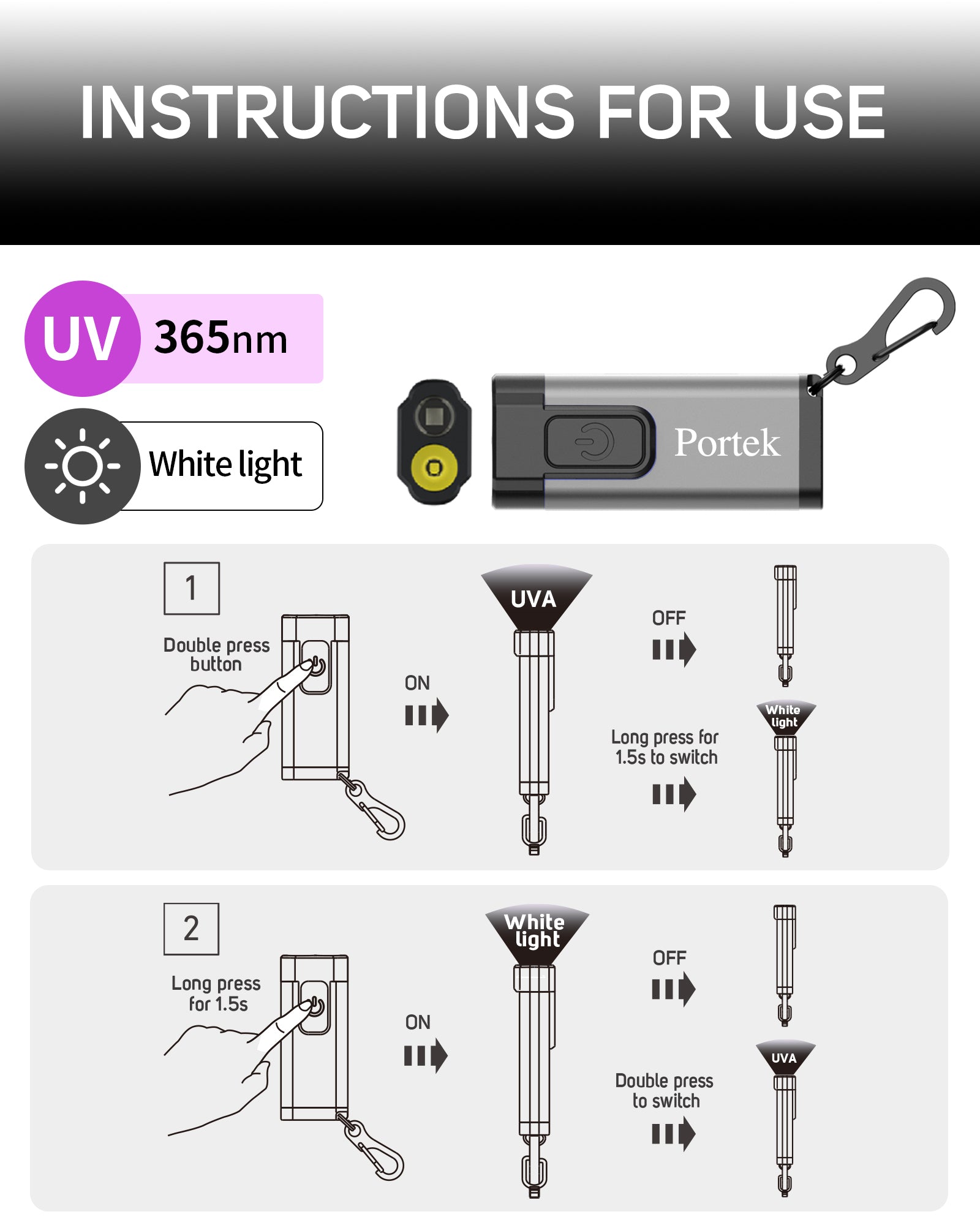 Portek Rechargeable Keychain LED Flashlight Plus UV Blacklight (Metallic Grey)