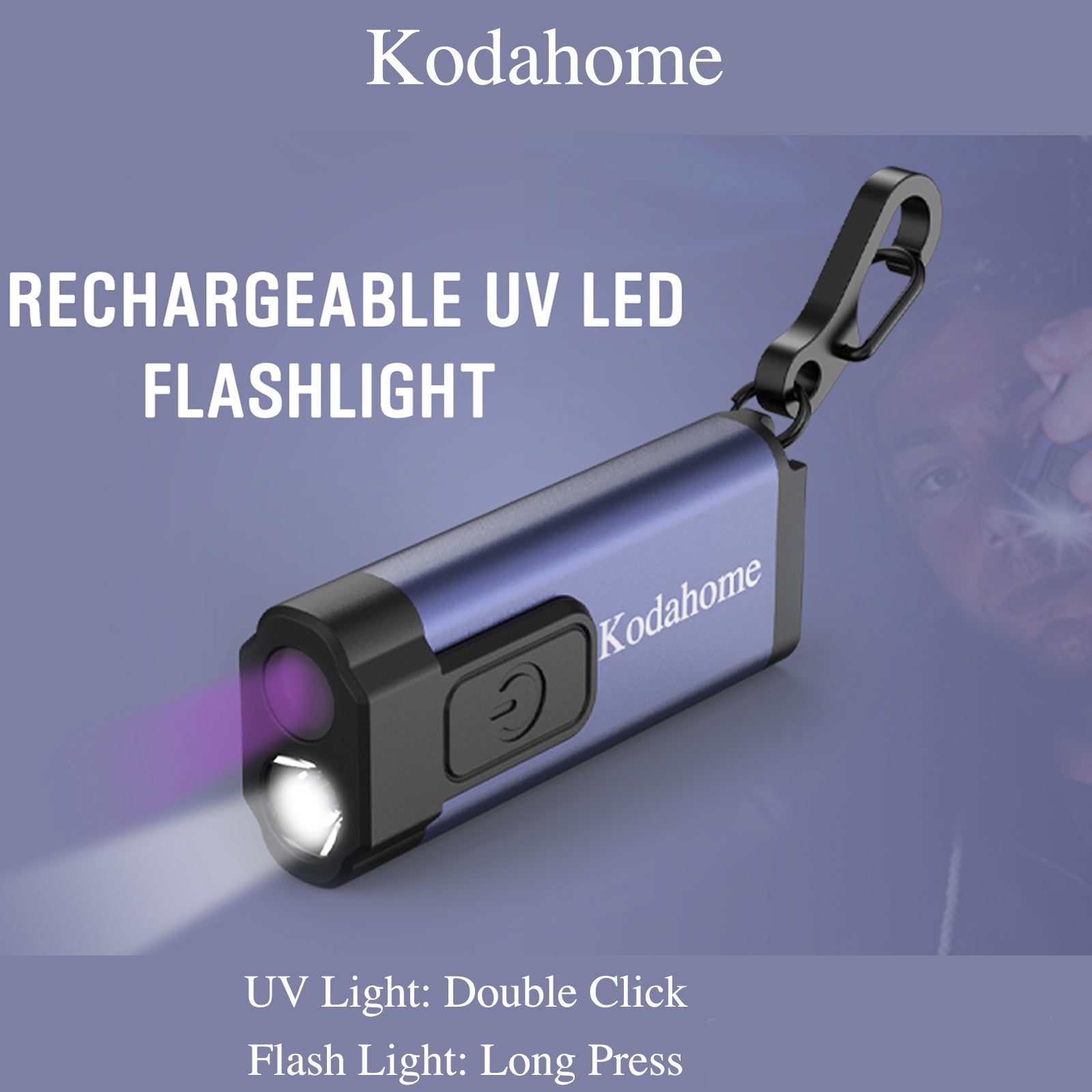 Kodahome Rechargeable Keychain LED Flashlight Plus UV Blacklight (Purple)